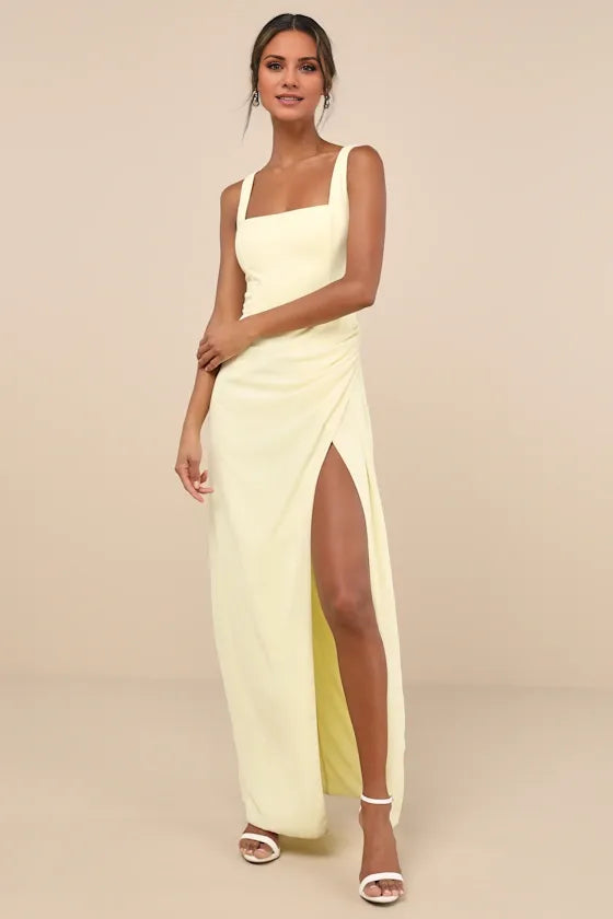 TingPo Wholesale Signature Elegance Glamorous Disposition Light Yellow Ruched Maxi Dress formal wear dresses
