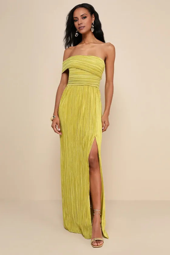 TingPo Wholesale Signature Elegance Poised Performance Chartreuse Plisse One-Shoulder Maxi Dress formal wear dresses