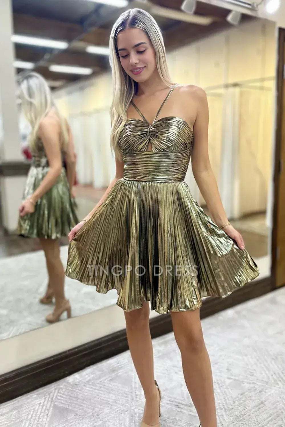 TingPo Wholesale Elegant A-Line Halter Neck Short Metallic Homecoming Dress with Pleating formal wear dresses