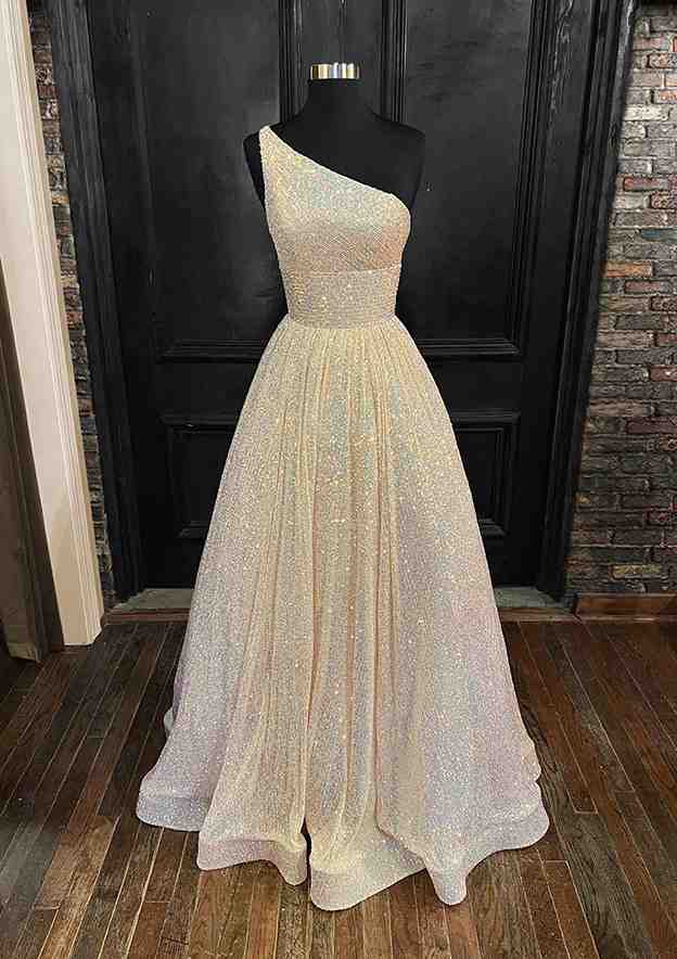 TingPo Wholesale A-line One-Shoulder Sleeveless Long/Floor-Length Sequined Prom Dress With Pockets