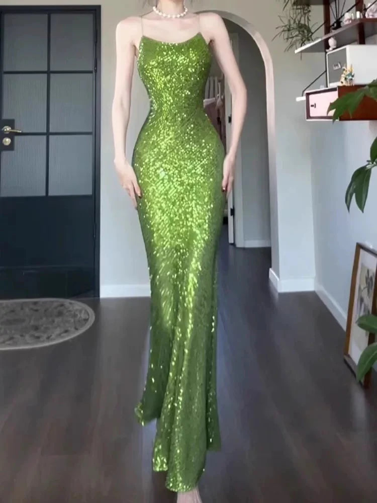 Wholesale Vintage Sheath Spaghetti Straps Green Sequin Long Evening Dress Prom Dresses gowns evening dresses