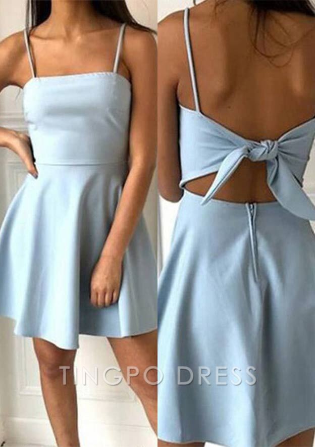 TingPo Wholesale A-line Square Neckline Sleeveless Short/Mini Elastic Satin Homecoming Dress with Bowknot