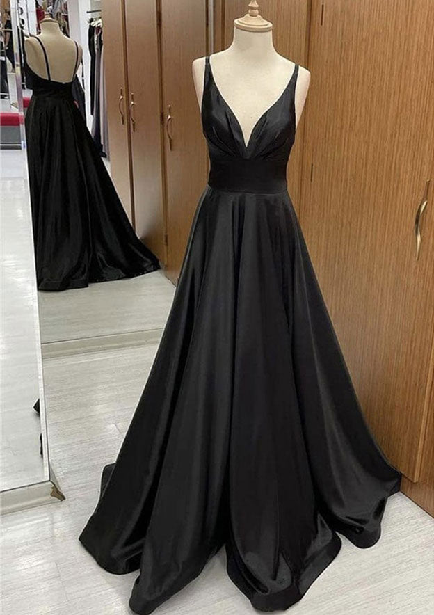TingPo Wholesale A-line V Neck Sweep Train Satin Prom Dress With Pleated