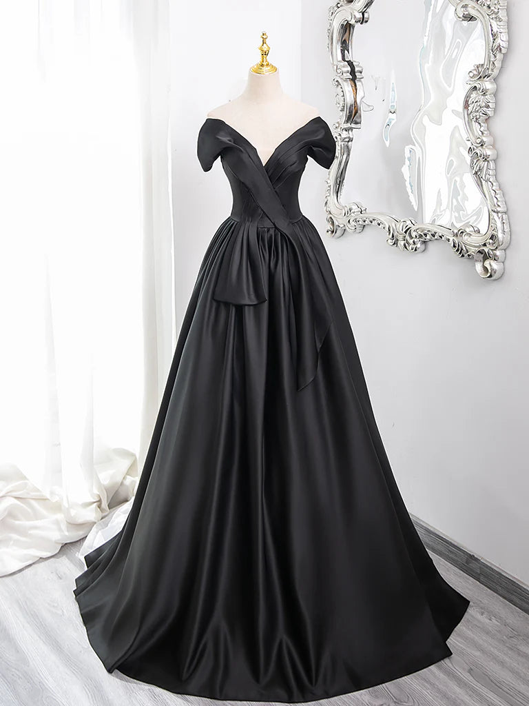 Wholesale A-Line V Neck Off Shoulder Satin Black Long Prom Dress Black Long Formal Dress gowns evening dresses ﻿