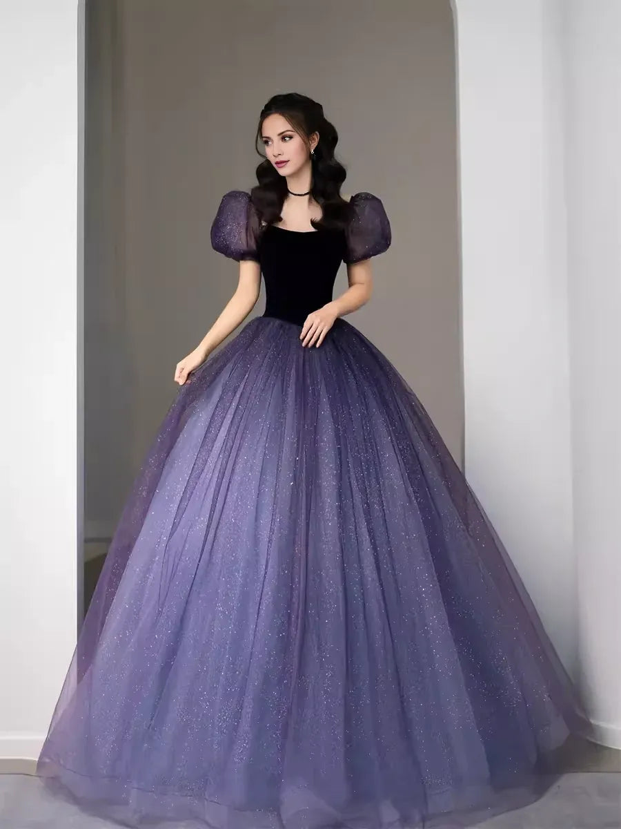 TingPo Wholesale Simple A Line Grape Tulle Prom Dresses Evening Dress