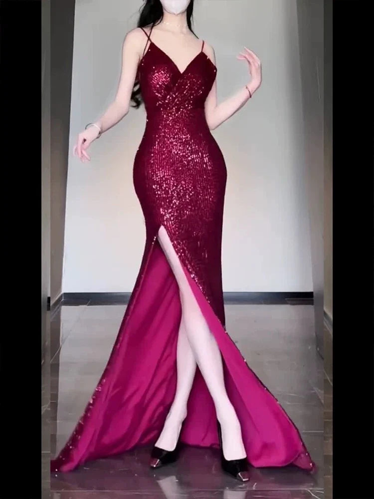 TingPo Wholesale Elegant Gorgeous Sheath Spaghetti Straps Burgundy Sequin Long Evening Dress Prom Dresses Birthday Outfits