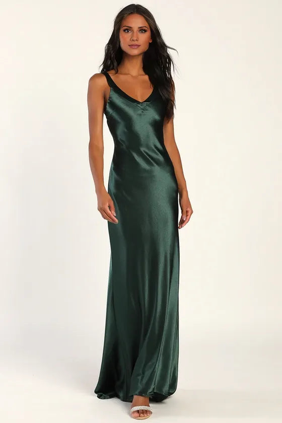 TingPo Wholesale Elegant Perfectly Emerald Green Satin Strappy Maxi Dress formal wear dresses