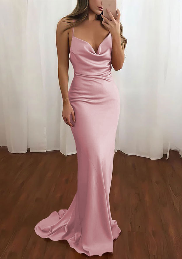 TingPo Wholesale Sheath/Column Cowl Neck Spaghetti Straps Sweep Train Satin Prom Dress