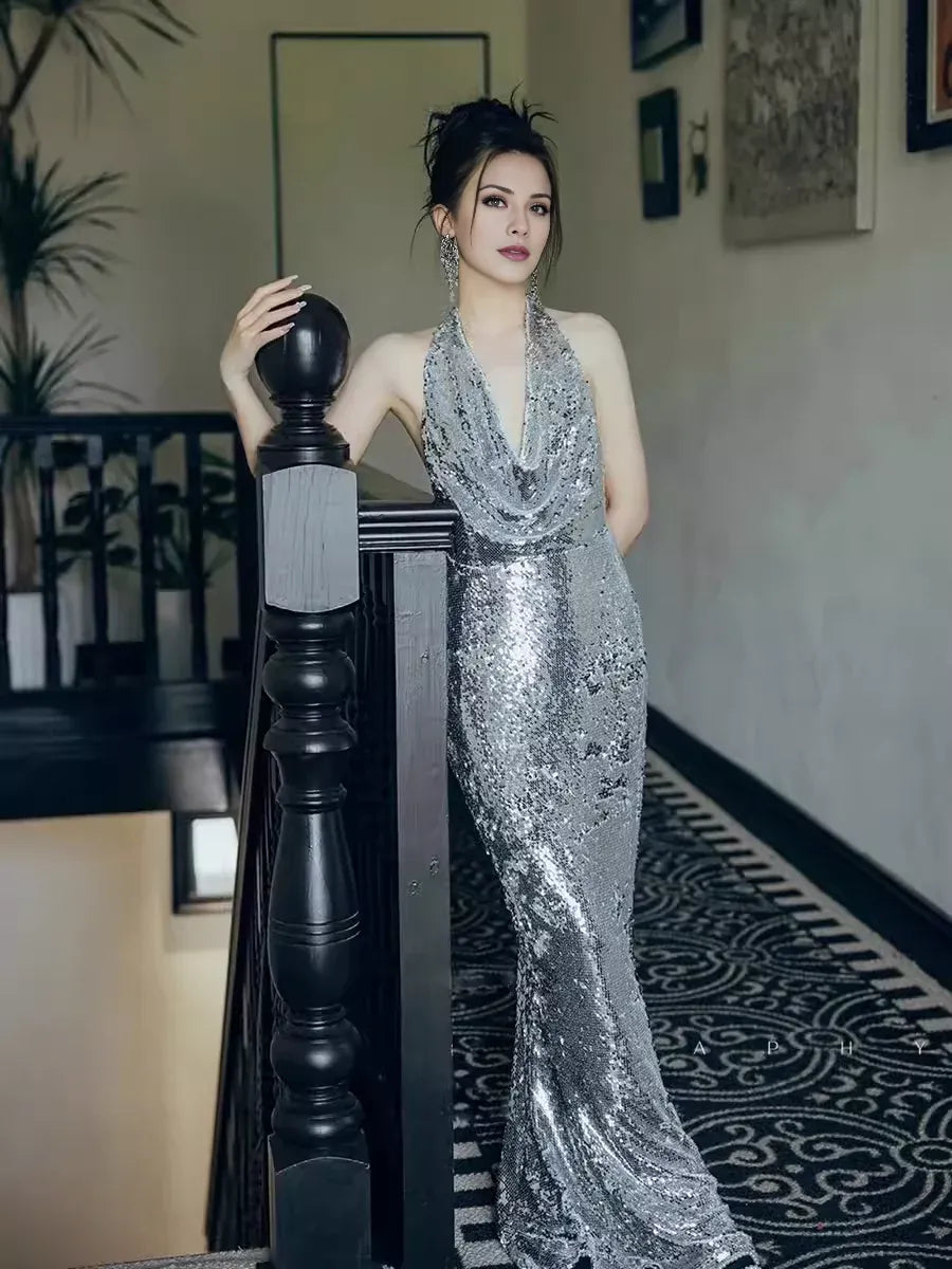 TingPo Wholesale Sexy Mermaid Silver Sequin Prom Dresses Evening Dress