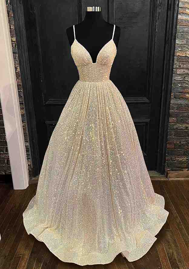 TingPo Wholesale Princess A-line V Neck Spaghetti Straps Long/Floor-Length Sequined Prom Dress With Pleated