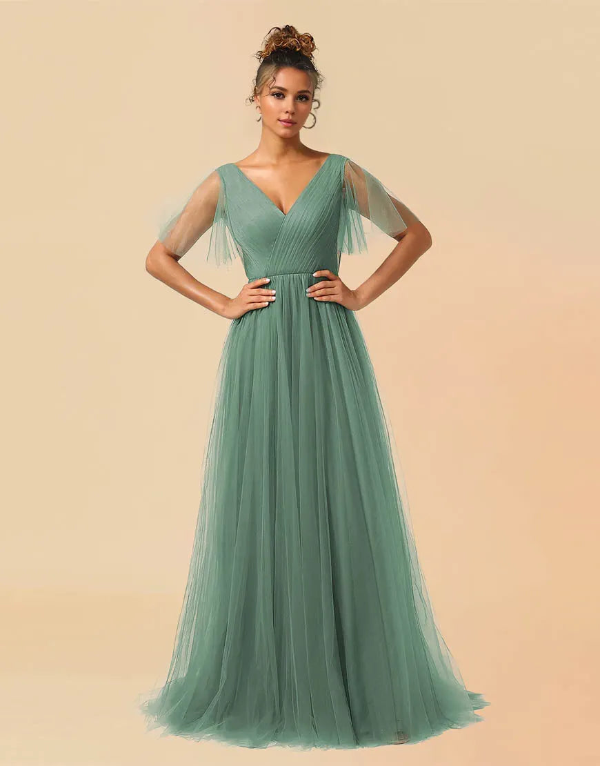 Wholesale A-Line V-Neck Floor Length Tulle Bridesmaid Dress Bridesmaid dress shop