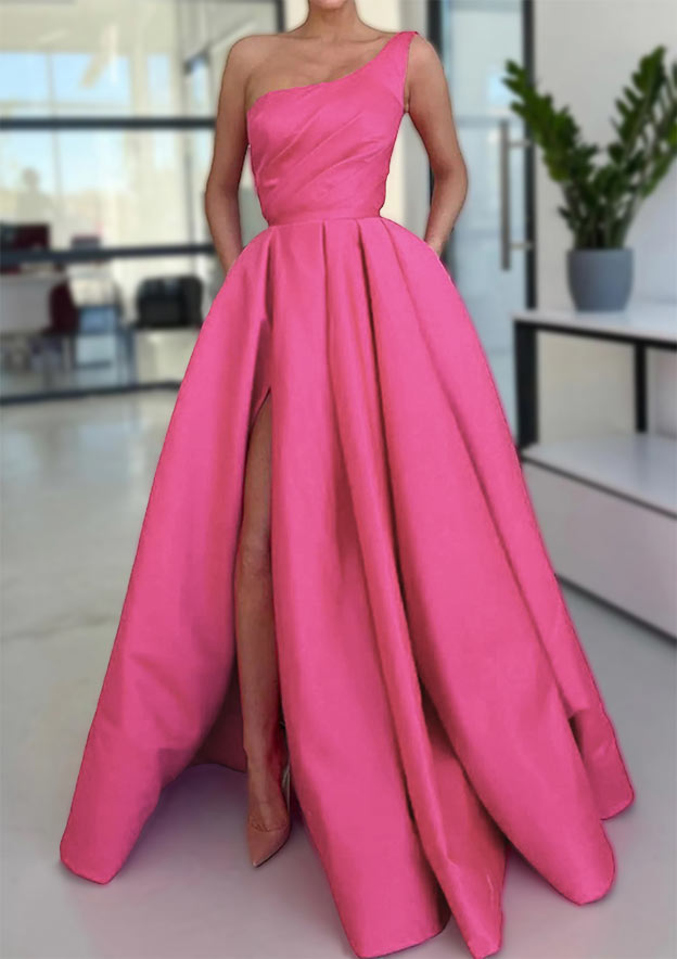 TingPo Wholesale A-line Sleeveless One-Shoulder Long/Floor-Length Satin Prom Dress With Split Ruffles Pockets