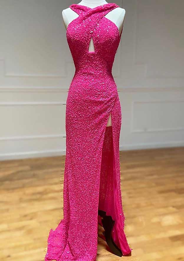 TingPo Wholesale Sheath/Column Halter Sleeveless Court Train Velvet Sequins Prom Dress With Split