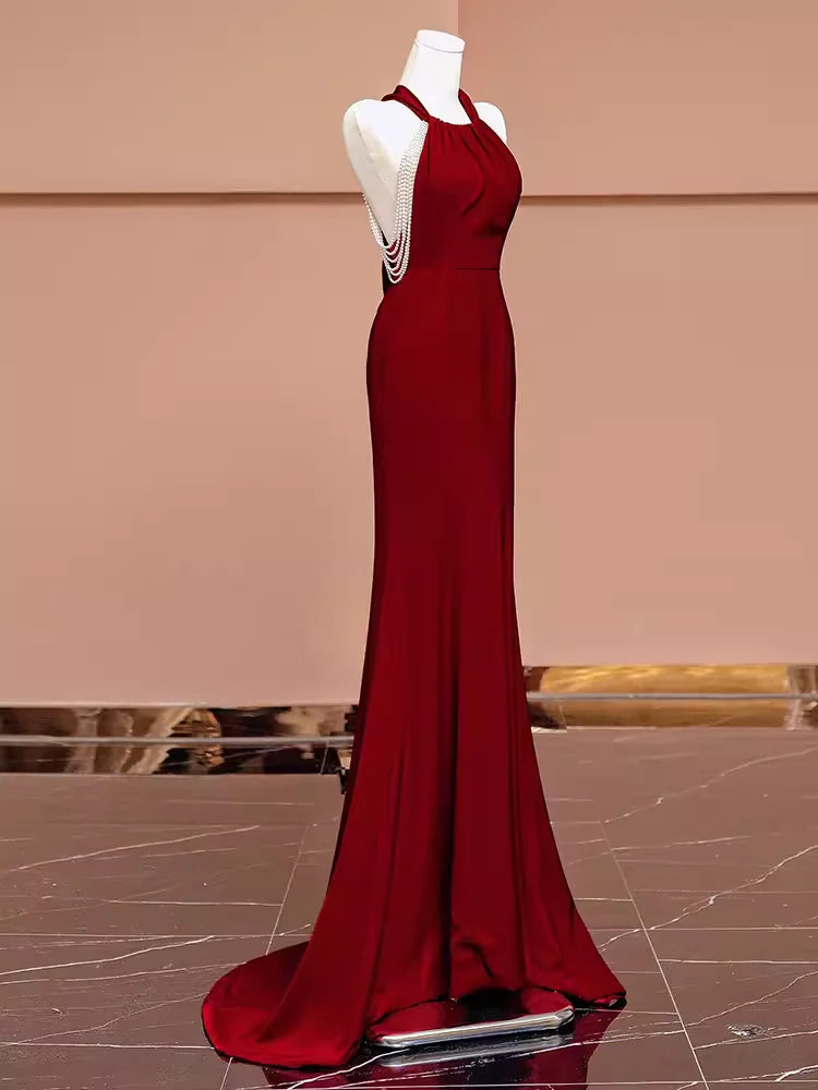 TingPo Wholesale Mermaid Halter Burgundy Long Prom Dresses formal wear dresses