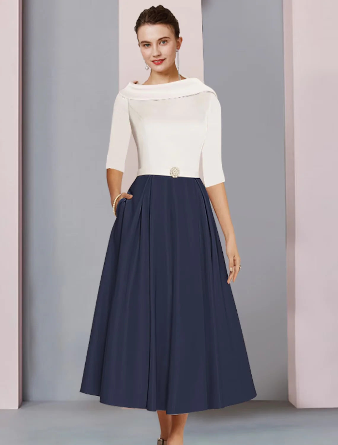 Wholesale A-Line Mother of the Bride Dress Wedding Guest Elegant Scoop Neck Tea Length Satin Half Sleeve with Pleats Crystal Brooch Color Block