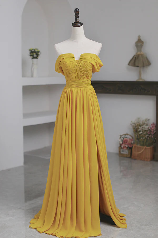 Wholesale Yellow Chiffon Long A-Line Prom Dress Simple Yellow Evening Dress with Slit