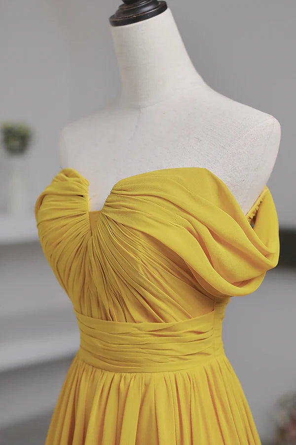 Wholesale Yellow Chiffon Long A-Line Prom Dress Simple Yellow Evening Dress with Slit