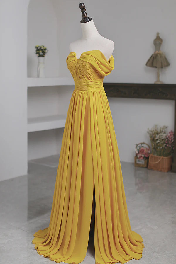 Wholesale Yellow Chiffon Long A-Line Prom Dress Simple Yellow Evening Dress with Slit