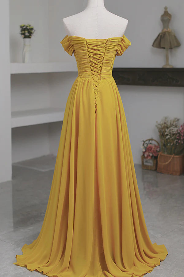 Wholesale Yellow Chiffon Long A-Line Prom Dress Simple Yellow Evening Dress with Slit
