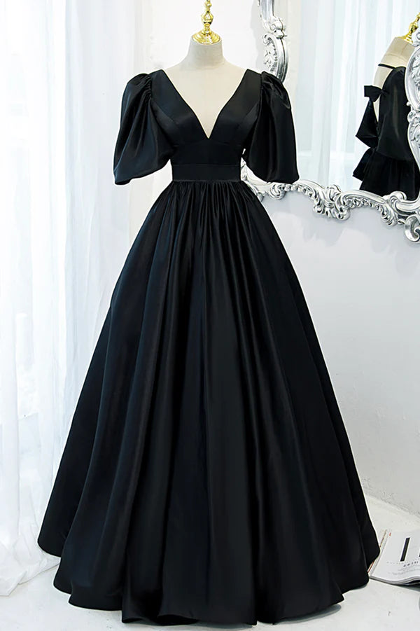 Wholesale Black V-Neck Satin Long Prom Dress A-Line Short Sleeve Evening Dress