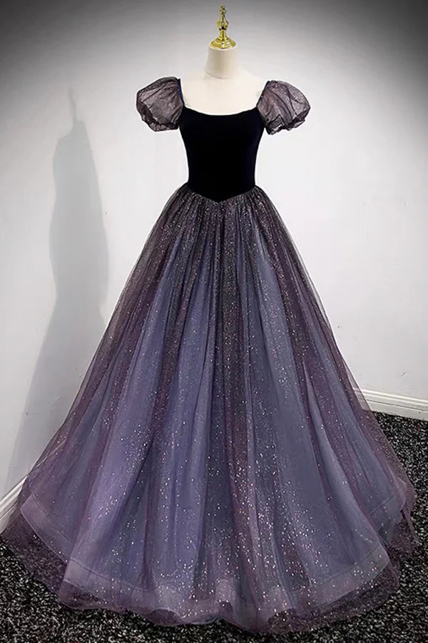 Wholesale Purple Scoop Tulle Long A-Line Prom Dress Lovely Short Sleeve Evening Dress