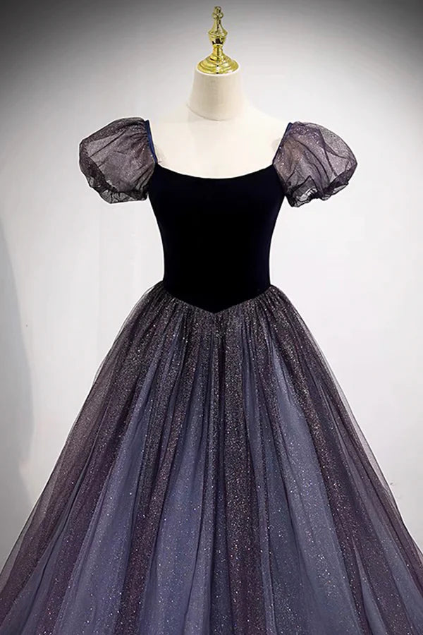Wholesale Purple Scoop Tulle Long A-Line Prom Dress Lovely Short Sleeve Evening Dress