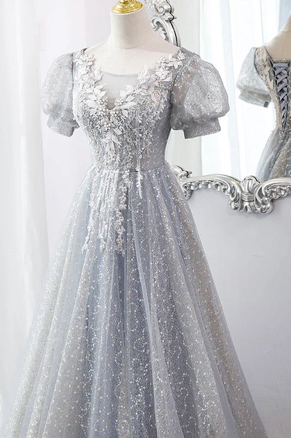 Wholesale Gray Lace Long A-Line Prom Dress with Sequins Cute Short Sleeve Evening Dress
