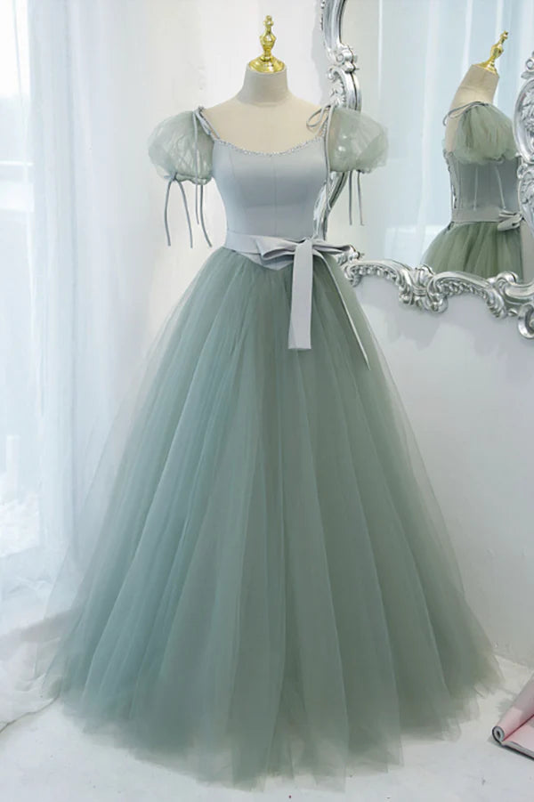 Wholesale Green Tulle Long A-Line Prom Dress Cute Short Sleeve Graduation Dress