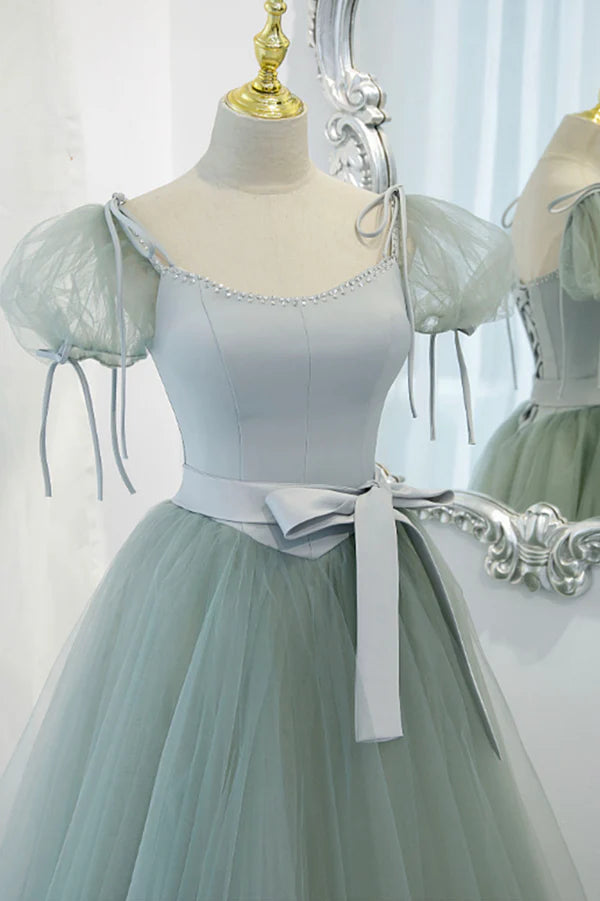 Wholesale Green Tulle Long A-Line Prom Dress Cute Short Sleeve Graduation Dress