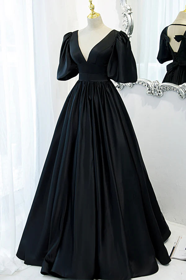 Wholesale Black V-Neck Satin Long Prom Dress A-Line Short Sleeve Evening Dress