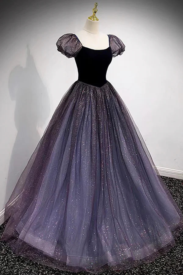 Wholesale Purple Scoop Tulle Long A-Line Prom Dress Lovely Short Sleeve Evening Dress
