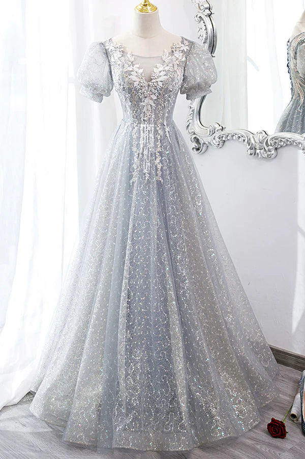 Wholesale Gray Lace Long A-Line Prom Dress with Sequins Cute Short Sleeve Evening Dress