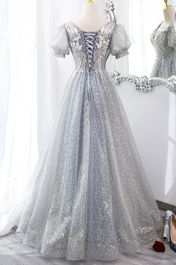 Wholesale Gray Lace Long A-Line Prom Dress with Sequins Cute Short Sleeve Evening Dress
