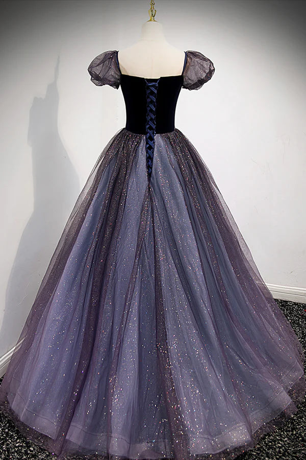 Wholesale Purple Scoop Tulle Long A-Line Prom Dress Lovely Short Sleeve Evening Dress