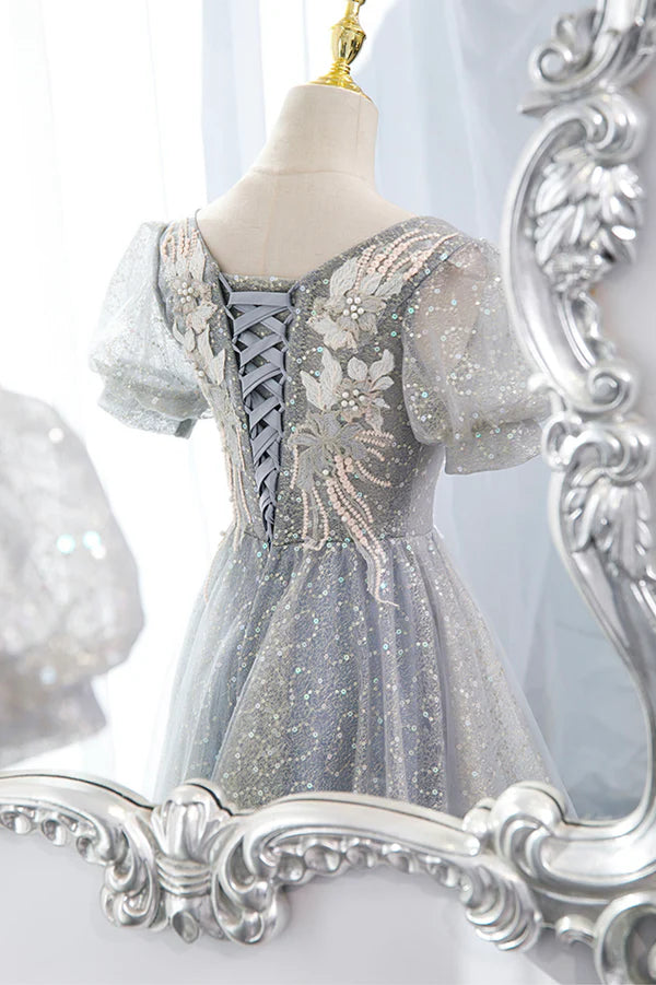 Wholesale Gray Lace Long A-Line Prom Dress with Sequins Cute Short Sleeve Evening Dress