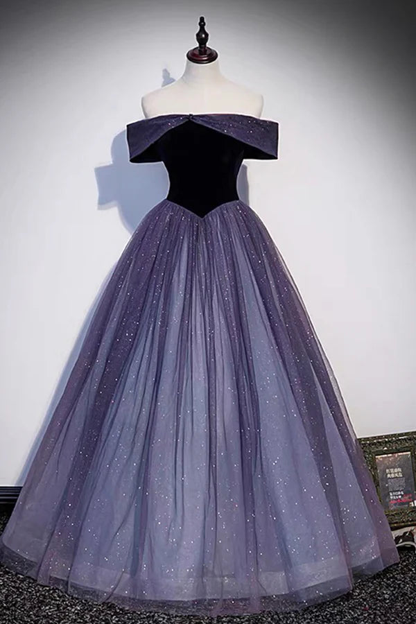 Wholesale Purple Tulle Off the Shoulder Prom Dress A-Line Evening Party Dress