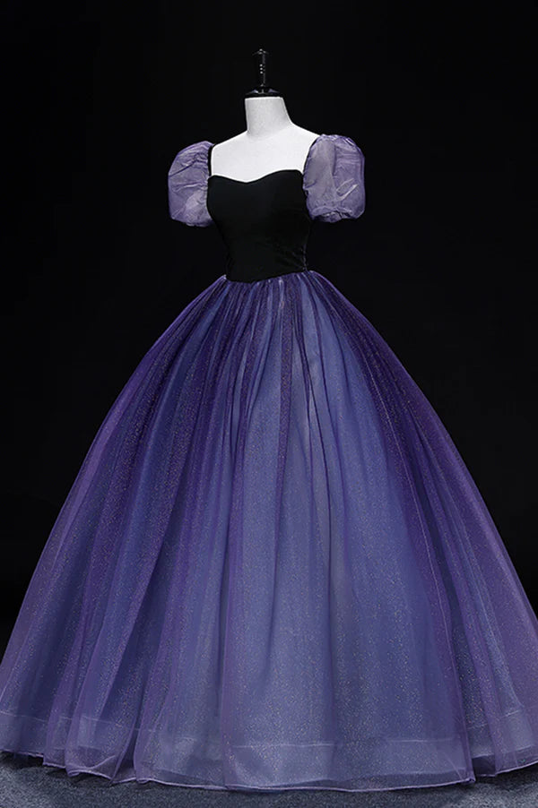 Wholesale Purple Tulle Long A-Line Prom Dress Purple Short Sleeve Princess Dress