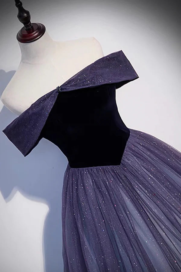 Wholesale Purple Tulle Off the Shoulder Prom Dress A-Line Evening Party Dress