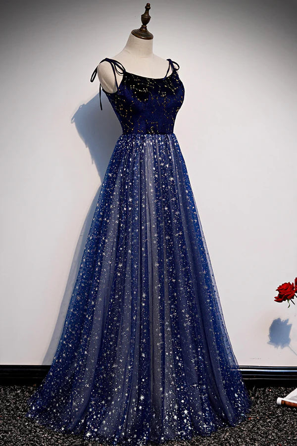 Wholesale Blue Velvet Tulle Long A-Line Prom Dress Blue Spaghetti Straps Evening Dress