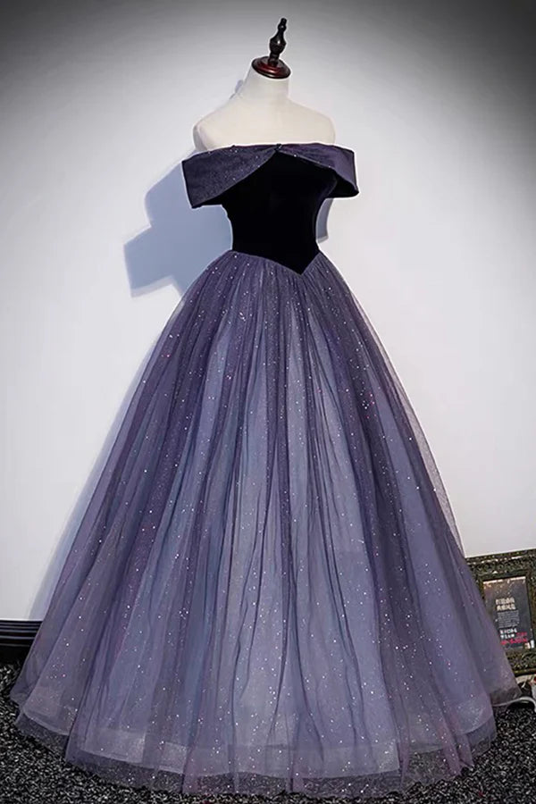Wholesale Purple Tulle Off the Shoulder Prom Dress A-Line Evening Party Dress