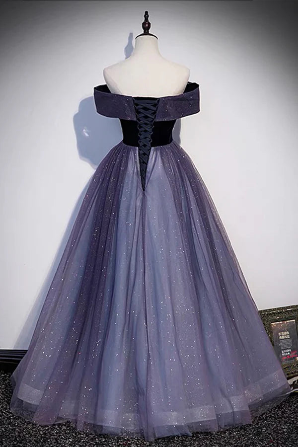 Wholesale Purple Tulle Off the Shoulder Prom Dress A-Line Evening Party Dress
