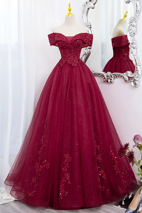 Wholesale Burgundy Sweet 16 Formal Gown with Lace Off the Shoulder Prom Dress Party Dress