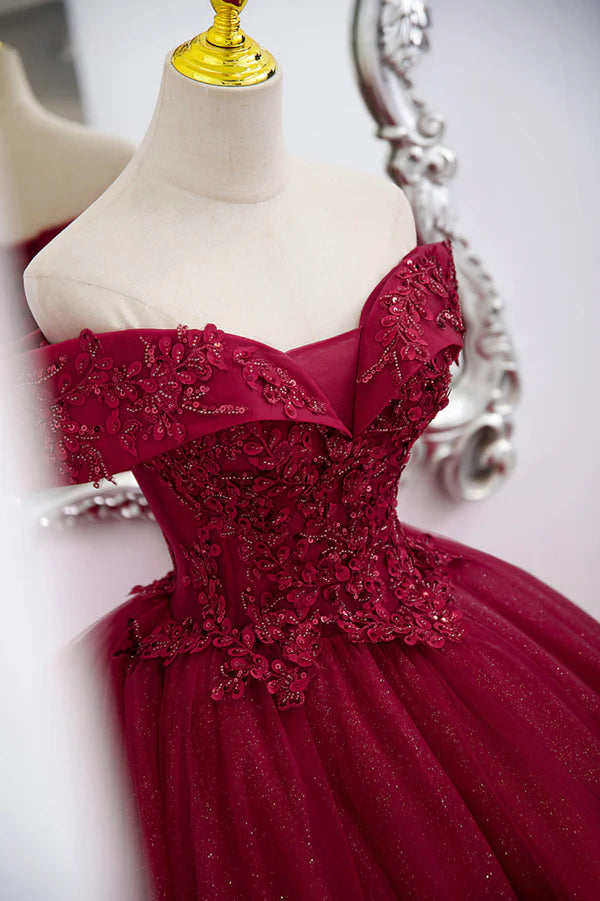 Wholesale Burgundy Sweet 16 Formal Gown with Lace Off the Shoulder Prom Dress Party Dress
