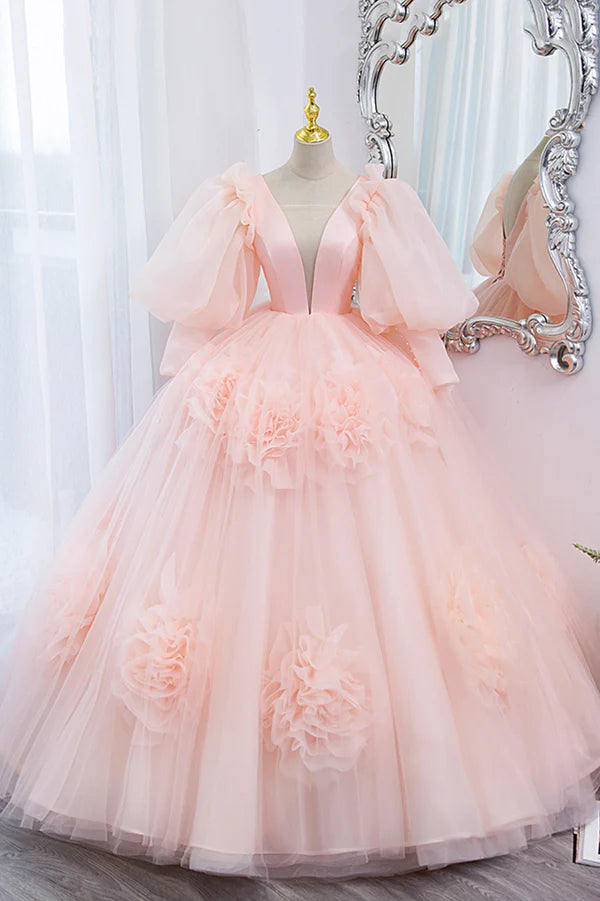 Wholesale Pink V-Neck Tulle Long Prom Dress A-Line Puff Sleeve Princess Dress