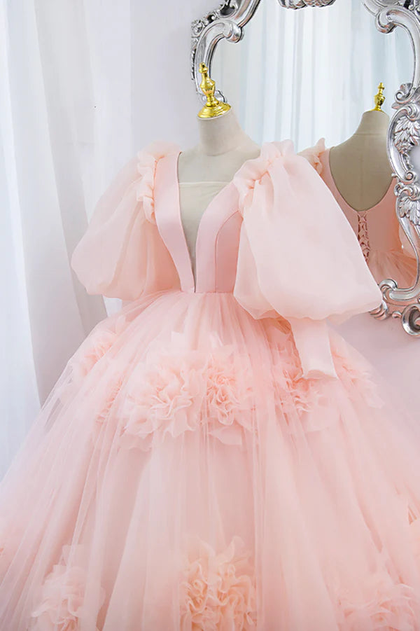 Wholesale Pink V-Neck Tulle Long Prom Dress A-Line Puff Sleeve Princess Dress
