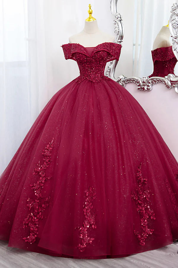 Wholesale Burgundy Sweet 16 Formal Gown with Lace Off the Shoulder Prom Dress Party Dress