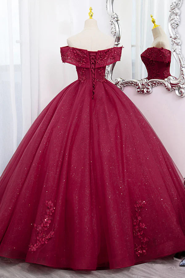 Wholesale Burgundy Sweet 16 Formal Gown with Lace Off the Shoulder Prom Dress Party Dress