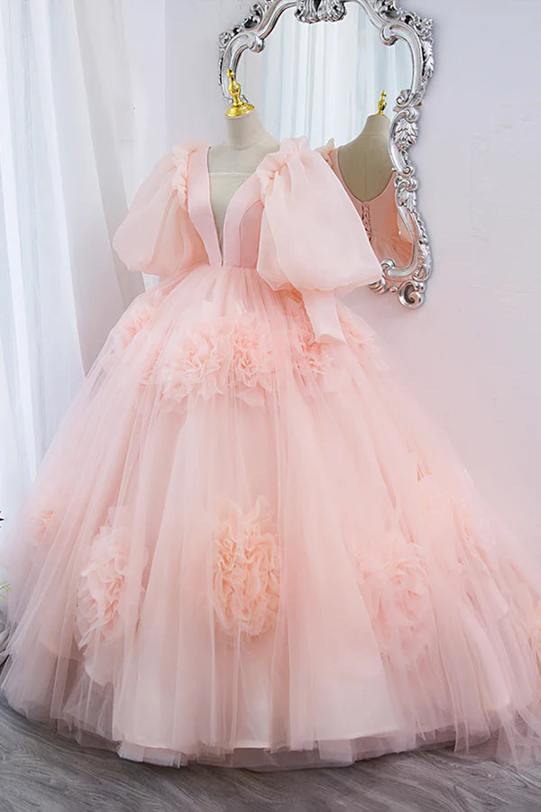 Wholesale Pink V-Neck Tulle Long Prom Dress A-Line Puff Sleeve Princess Dress