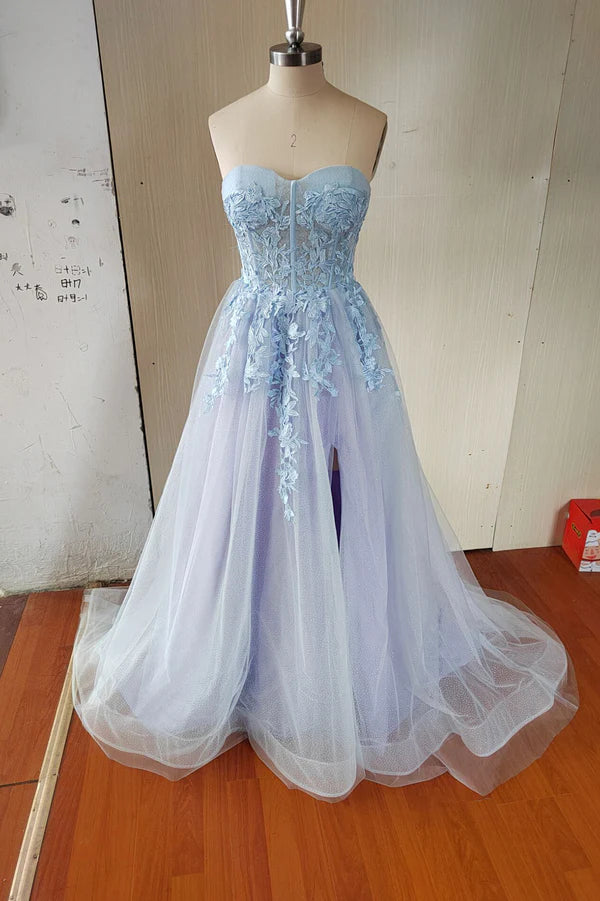 Wholesale Blue Tulle Lace Long Prom Dress Blue Strapless Evening Dress with Slit