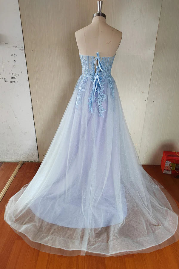 Wholesale Blue Tulle Lace Long Prom Dress Blue Strapless Evening Dress with Slit